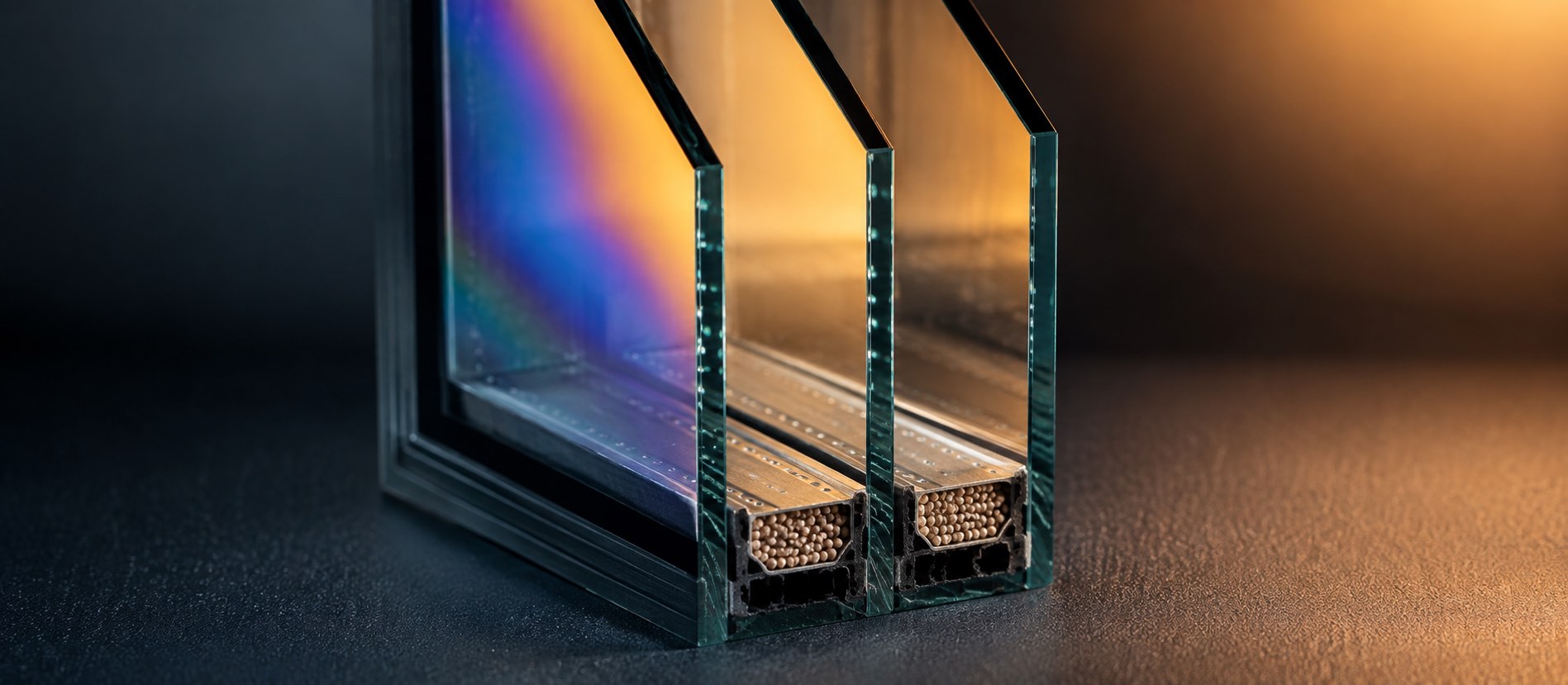 Cross-section detail of a sealed triple-glazed unit showing spacer and cavity