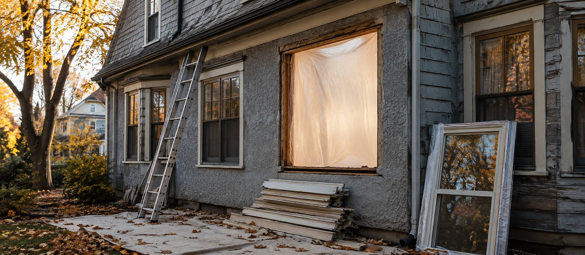 Older Canadian house mid-renovation with a window opening exposed