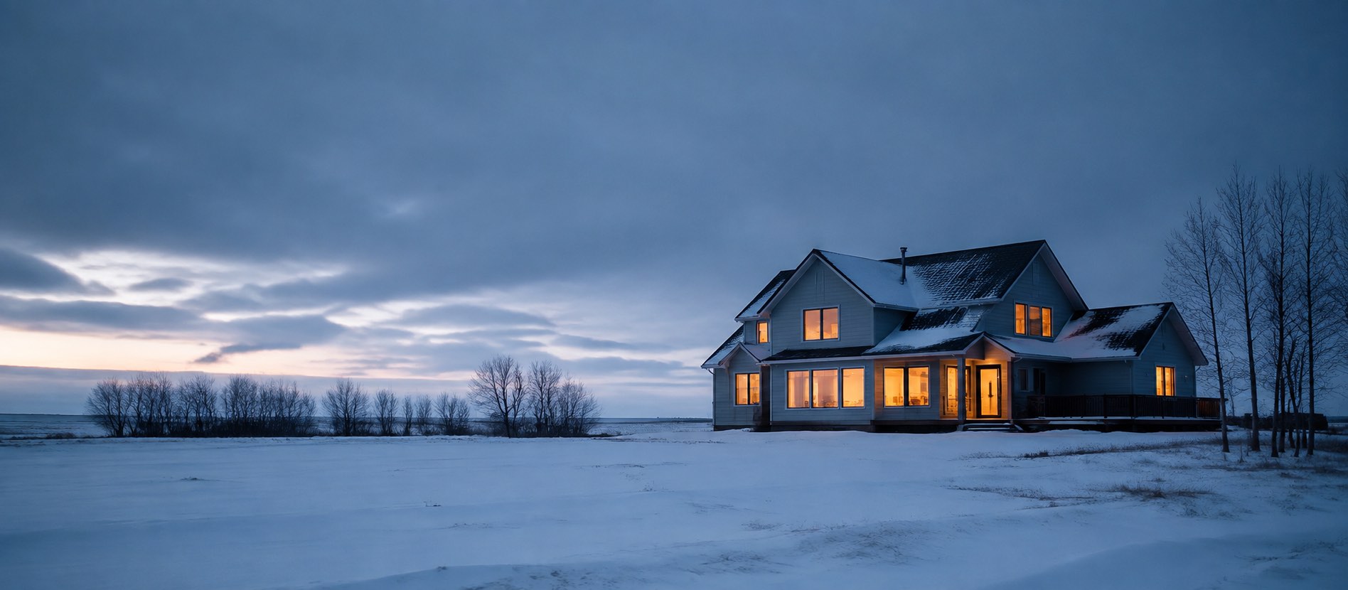 Canadian winter landscape with a well-lit house at dusk